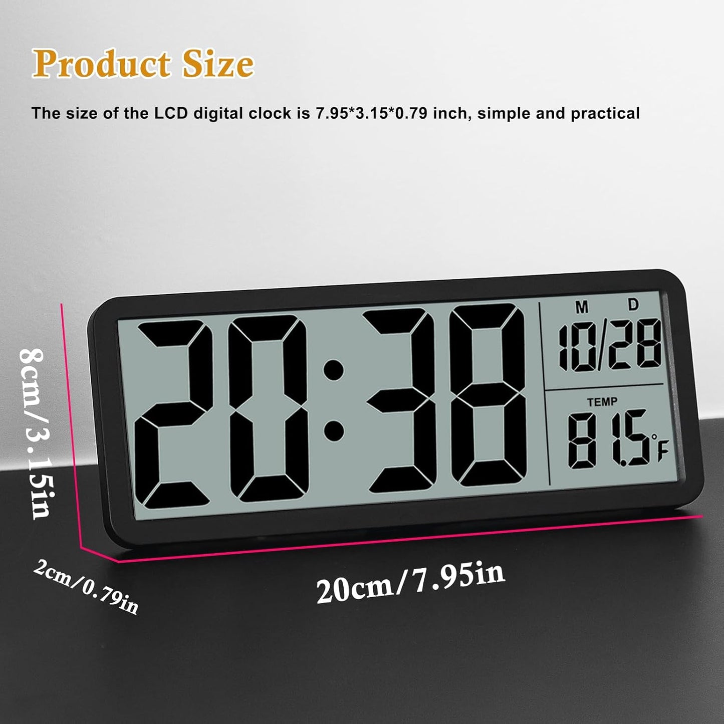 QINYUNE Digital LCD Wall Clock Easy to Set, 8.5 Inch LCD Screen with Time/Date/Temperature Display,Simple Digital Desk Clock with 12/24H for Bedroom Living Room Office