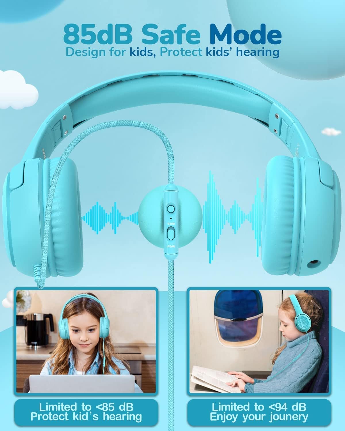 awatrue Kids Headphones with Microphone, Wired Headphones for Kids 85/94dB Safe Volume Limit, Over Ear Headsets, Boys Girls Childrens Headphones for School/Travel/Fire Tablet/BlueOrange
