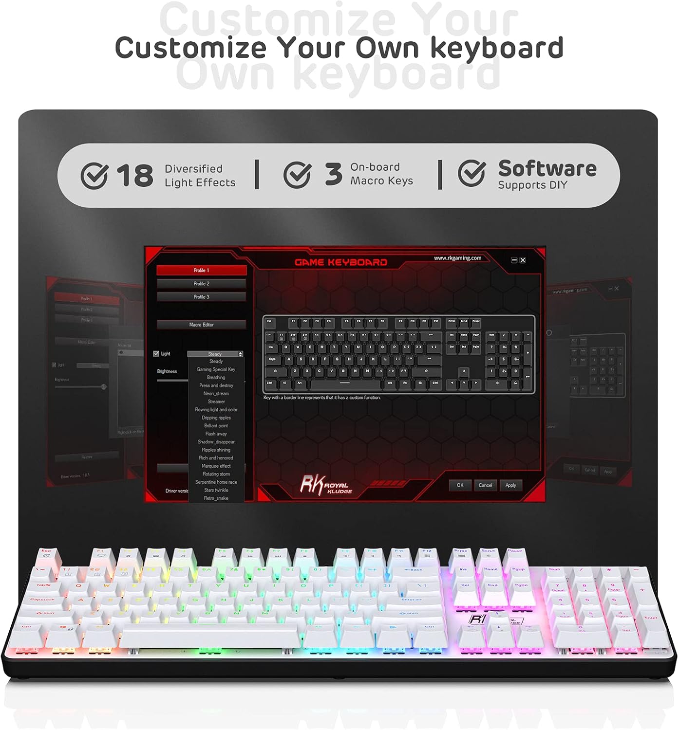 RK ROYAL KLUDGE RK920 Full Size Mechanical Keyboard, Rainbow Backlit Gaming Keyboard, 104 Keys Wired Mechanical Keyboard with Number Pad, Tactile Brown Switch