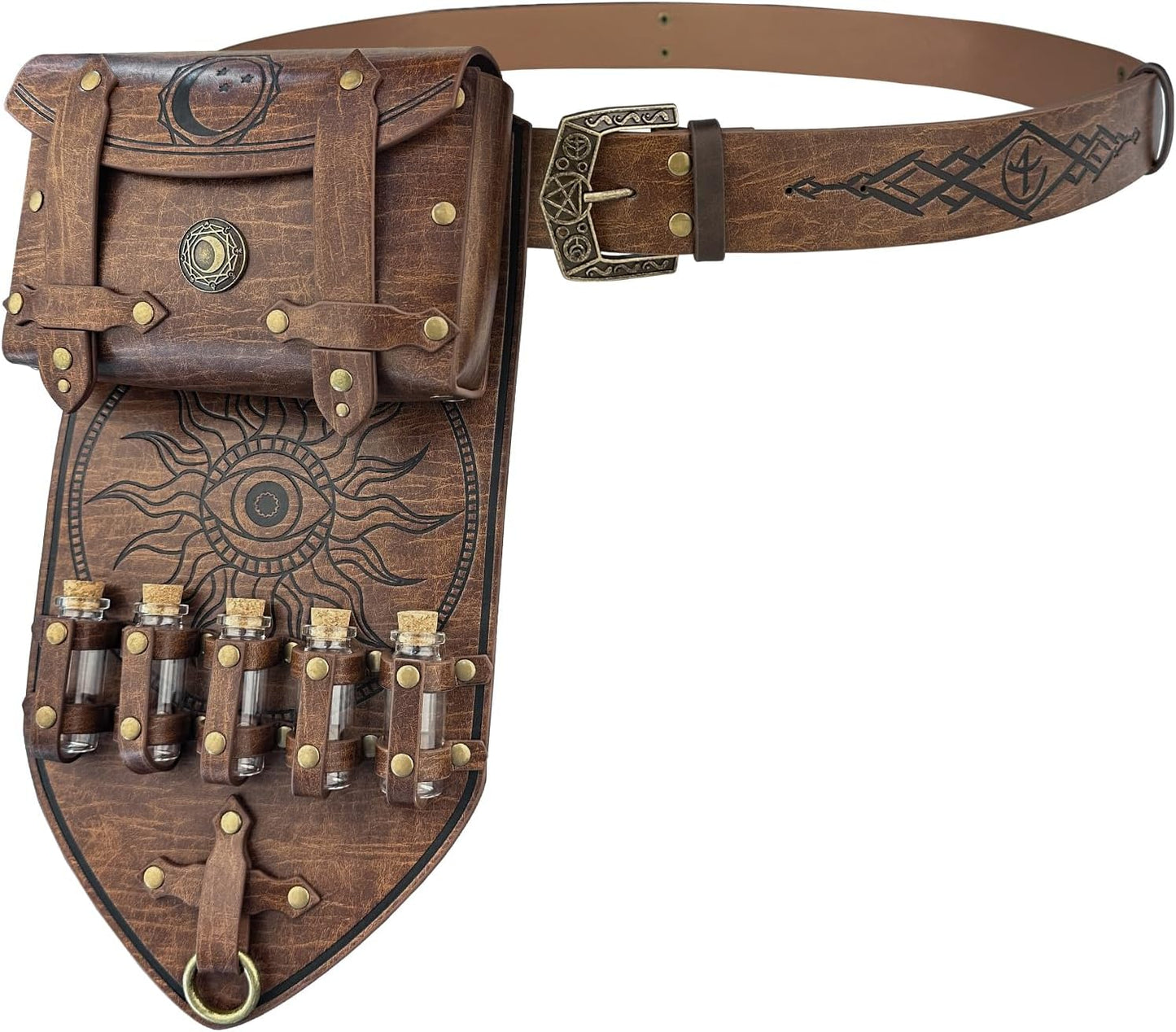 HiiFeuer 3PCs Medieval Alchemy Faux Leather Belt Bag Set with 5 Cork Potion Vials, Fantasy Embossed Wizard Halloween Belt(Brown A)