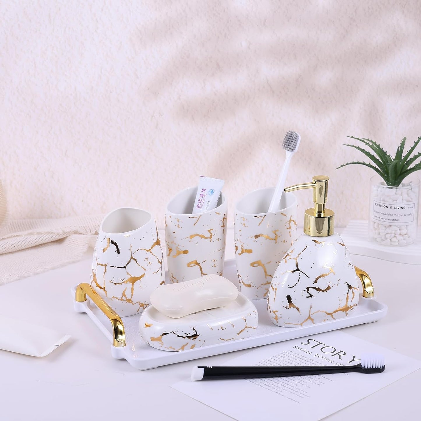White Bathroom Accessories Set,Modern Countertop Bathroom Decor,Luxury 6 Piece Bathroom Accessory Set,Complete with Soap Dispenser,Toothbrush Holder,Tumbler,Tray