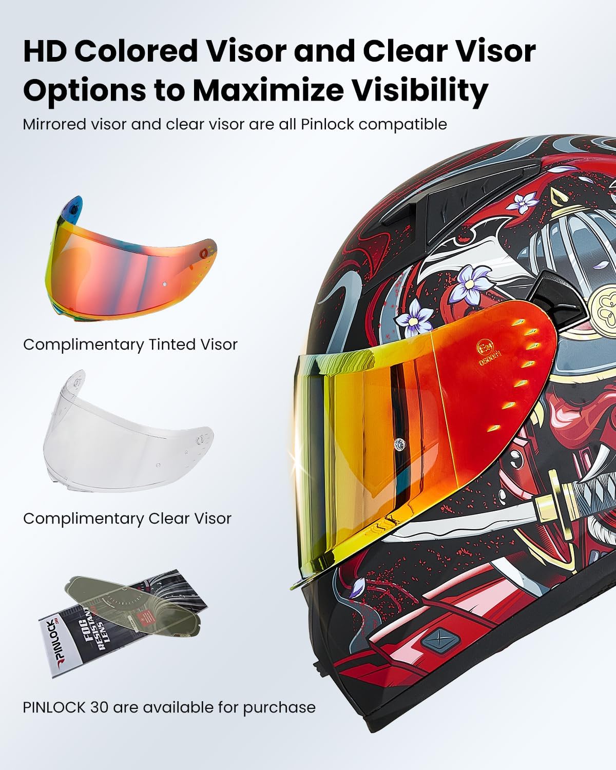 ILM Motorcycle Helmet Full Face with Pinlock Compatible Clear&Tinted Visors and Fins Street Bike Motocross Casco DOT(Armor Red, Large) - PuriLite