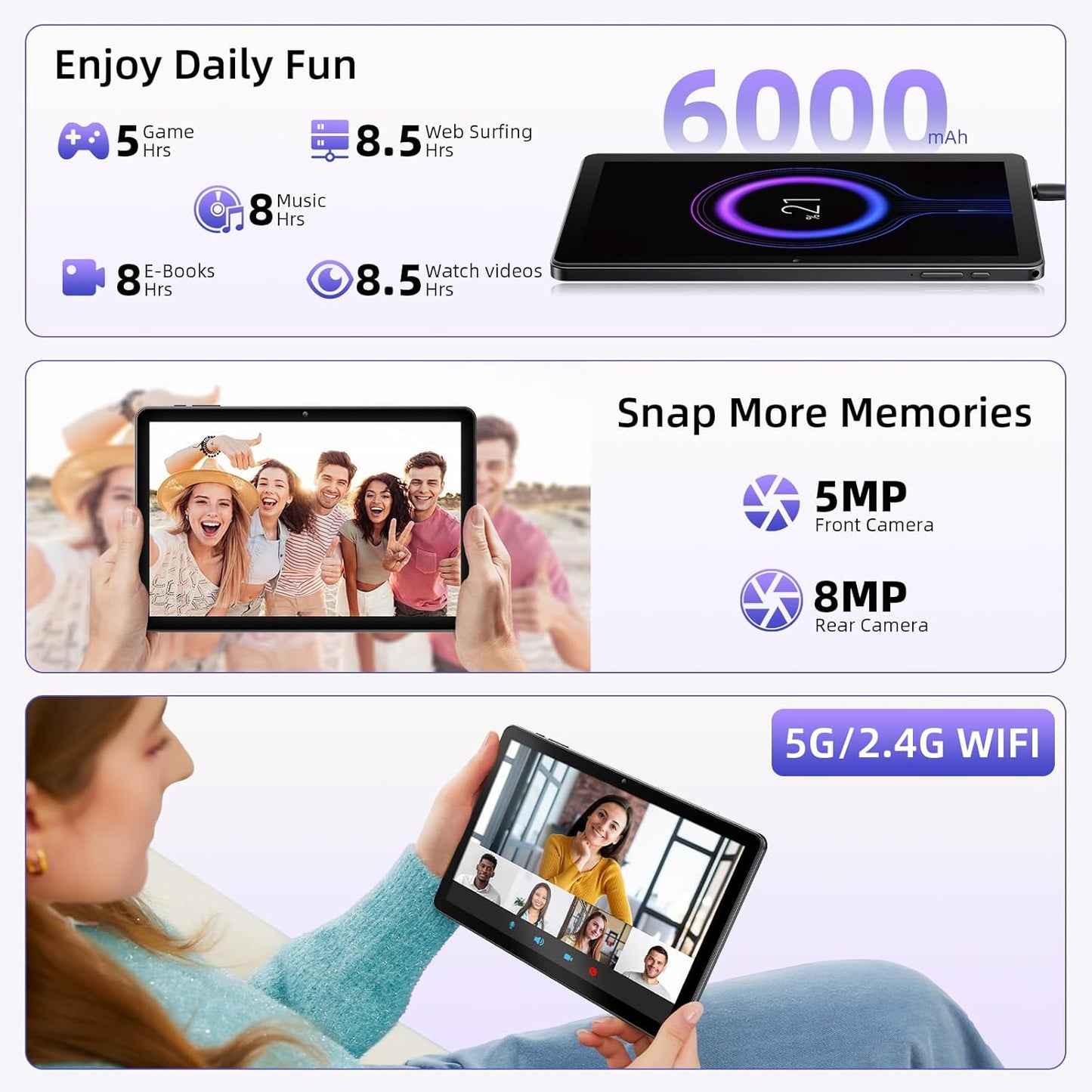 10 Inch Tablet Android 15 Tablets, Octa-Core Tablette Android, 18GB+128GB, 1TB Expand, 1280x800 IPS HD Display, GPS, Widevine L1, 5G+2.4G WiFi, 5MP+8MP Dual Camera, Bluetooth5.4, 6000mAh, Black