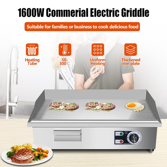 ExGizmo 22" Commercial Electric Griddle,Electric Countertop Flat Top Griddle,110V 1600W Electric Flat Top Grill,Non-Stick Restaurant Teppanyaki Stainless Steel Grill,Adjustable Temperature Control - PuriLite