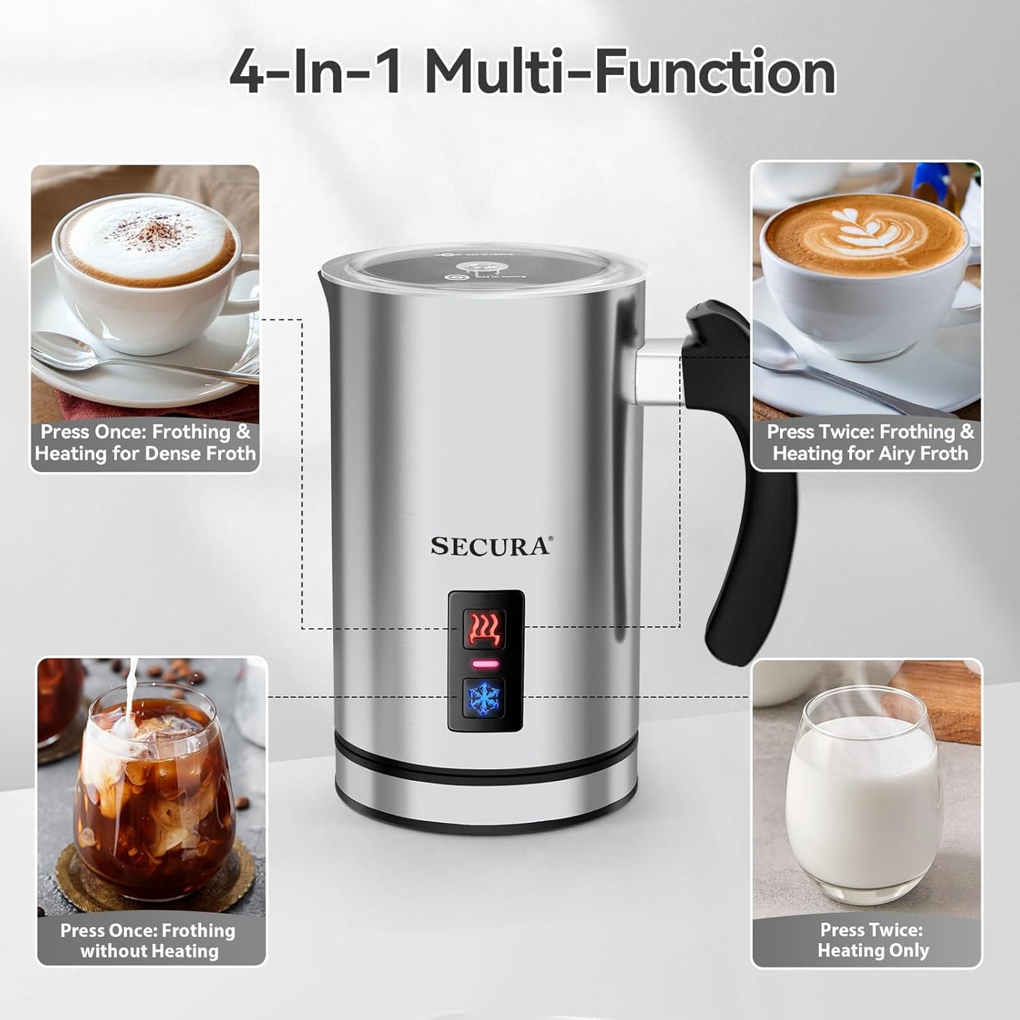 Secura Electric Milk Frother, Automatic Milk Steamer Warm or Cold Foam Maker for Coffee, Cappuccino, Latte, Stainless Steel Milk Warmer with Strix Temperature Controls (Black)