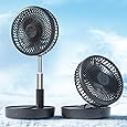 HHT Foldable Portable Standing Fan with Remote, 8" Rechargeable Floor Fan, 120° Quiet Oscillating Fan, 4 Speeds, LED Light, Timer, 7200mAh Battery, Adjustable Height Table Fan for Home Travel