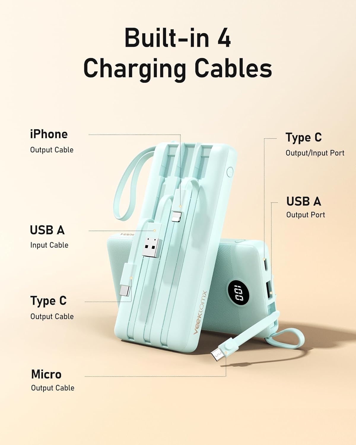 VEEKTOMX Power Bank with Built-in Cables 10000mAh Portable Charger for iPhone Slim Fast Charge USB C Battery Pack Travel Essentials Powerbank Compatible with iPhone, Samsung, Android, etc