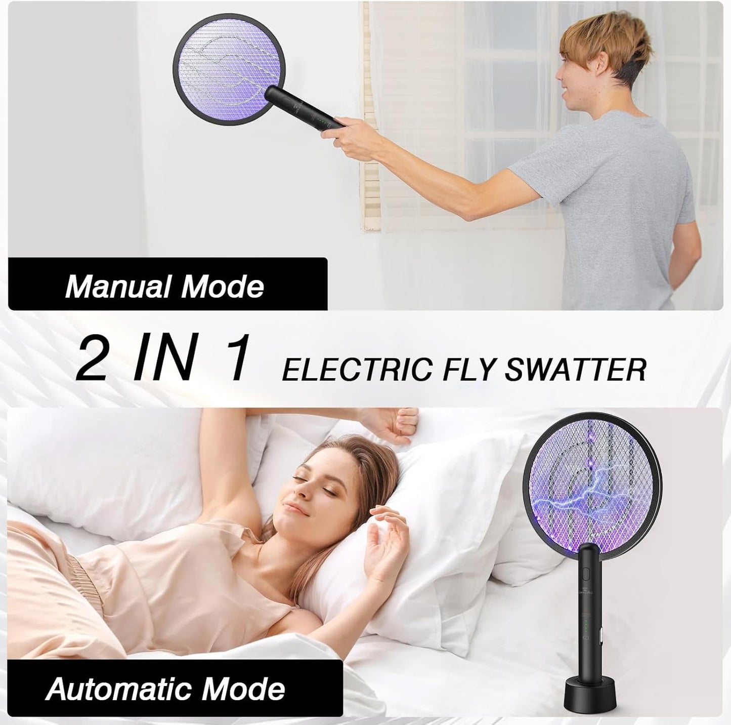 Gooqand Bug Zapper Racket, 2 in 1 Electric Fly Swatte with 3 Layer Safety Mesh, 4000V Fly Zapper with USB Rechargeable, Indoor Outdoor Fly Racket for Bedroom, Kitchen, Camping