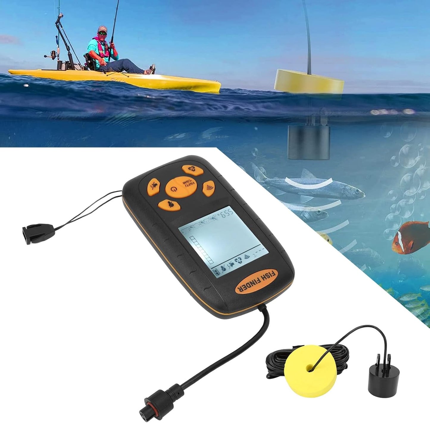 Portable Fish Finder, Handheld LCD Sonar Sensor, Depth Detector for Kayak Boat Lake, Fishfinder with 5 Tier Sensitivity, Ideal for Ice Shore Sea Fishing