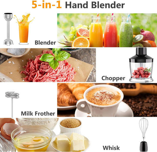 YASHE Immersion Blender, 5 in 1 Handheld Blender, Continuously Variable Speed, Stainless Steel Blender Stick, Emulsion Blender with Chopper, Whisk and Milk Frother for Meat, soups and Baby Food - PuriLite