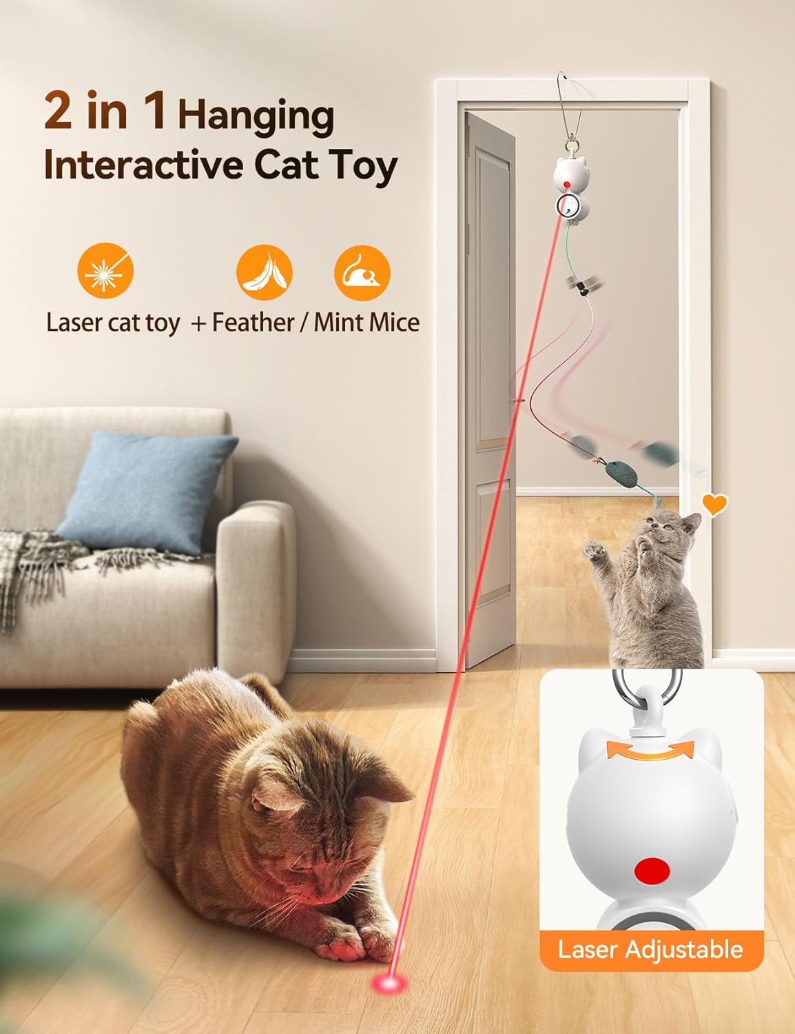 Cat Toys for Indoor Cats, 5 Pack Hanging Interactive Cat Toy with Feather Teaser Hands-Free Cat Toys Wand with Bell Exerciser Playing Toy for Kitten or Cat