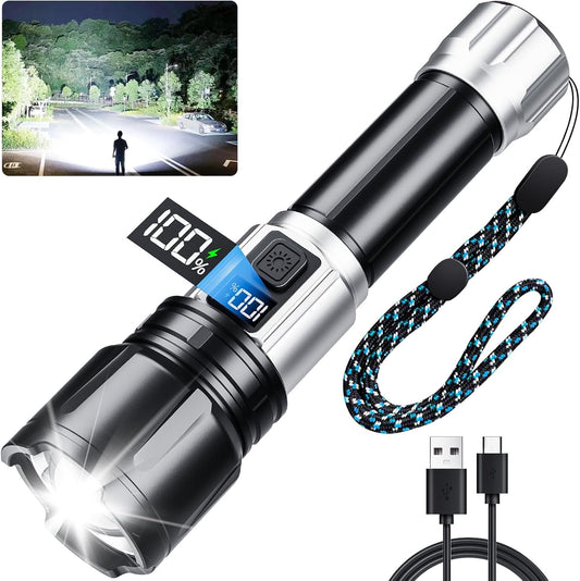 Flashlight Rechargeable 990000 High Lumens, Super Bright LED Flash Light with LCD Digital Display, Tactical Flashlights with IPX7 Waterproof, 6 Modes Brightest Flashlight for Camping, Emergency