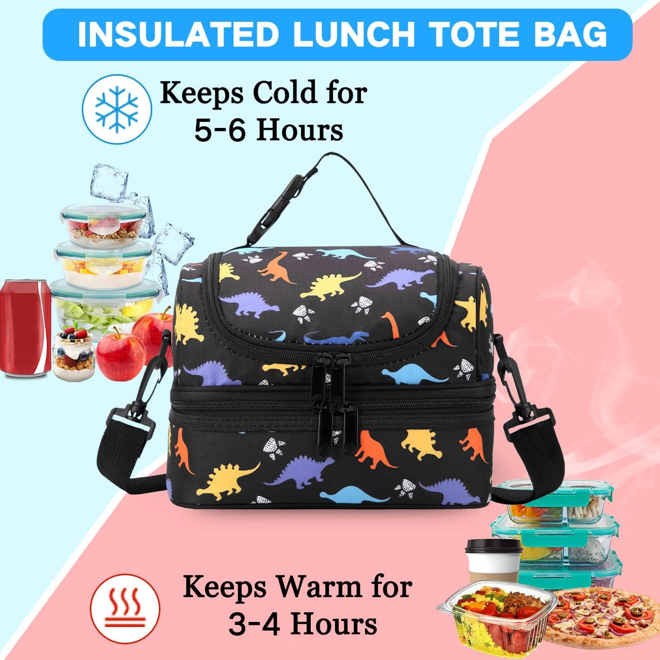 VASCHY Lunch Box Bag Men, Insulated Two Compartments Bento Cooler Bags for Adults/Women/Kids for School,Daycare,Kindergarten,Picnic Black