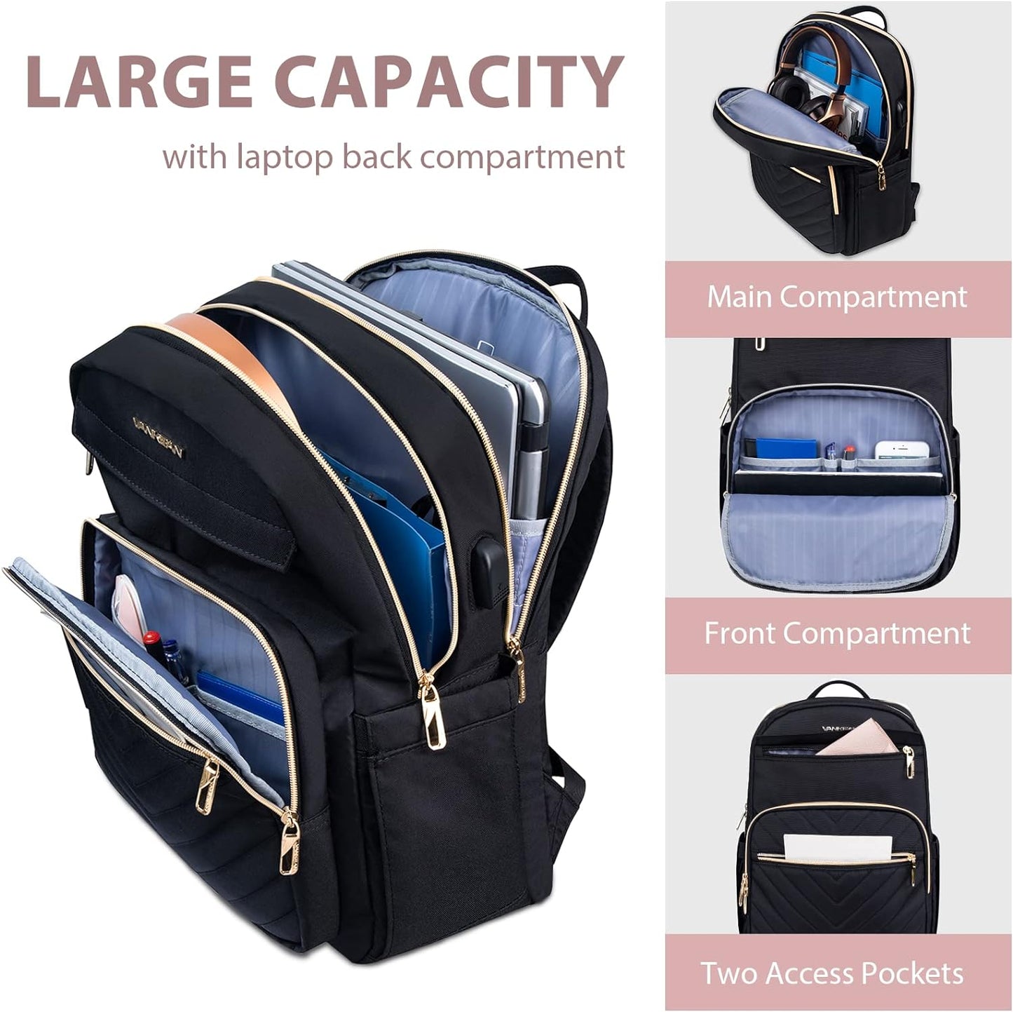 VANKEAN Laptop Backpack for Women Men Work Laptop Bag Fashion with USB Port, Daypacks for College, Business (Black, 15.6 Inch)