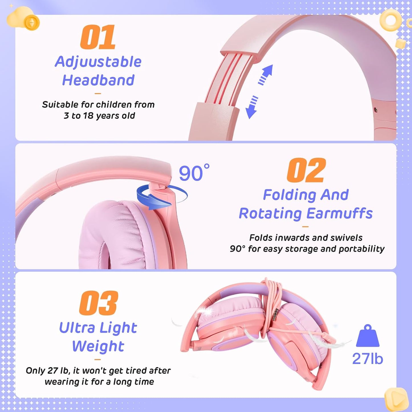 INFURTURE Kids Headphones for School Travel, 94dB Safe Volume Limited, HD Mic Stereo Sound Over-Ear Girls Boys Headphones for Kid, Foldable 3.5mm and USB-C Wired Headphones for iPad Computer