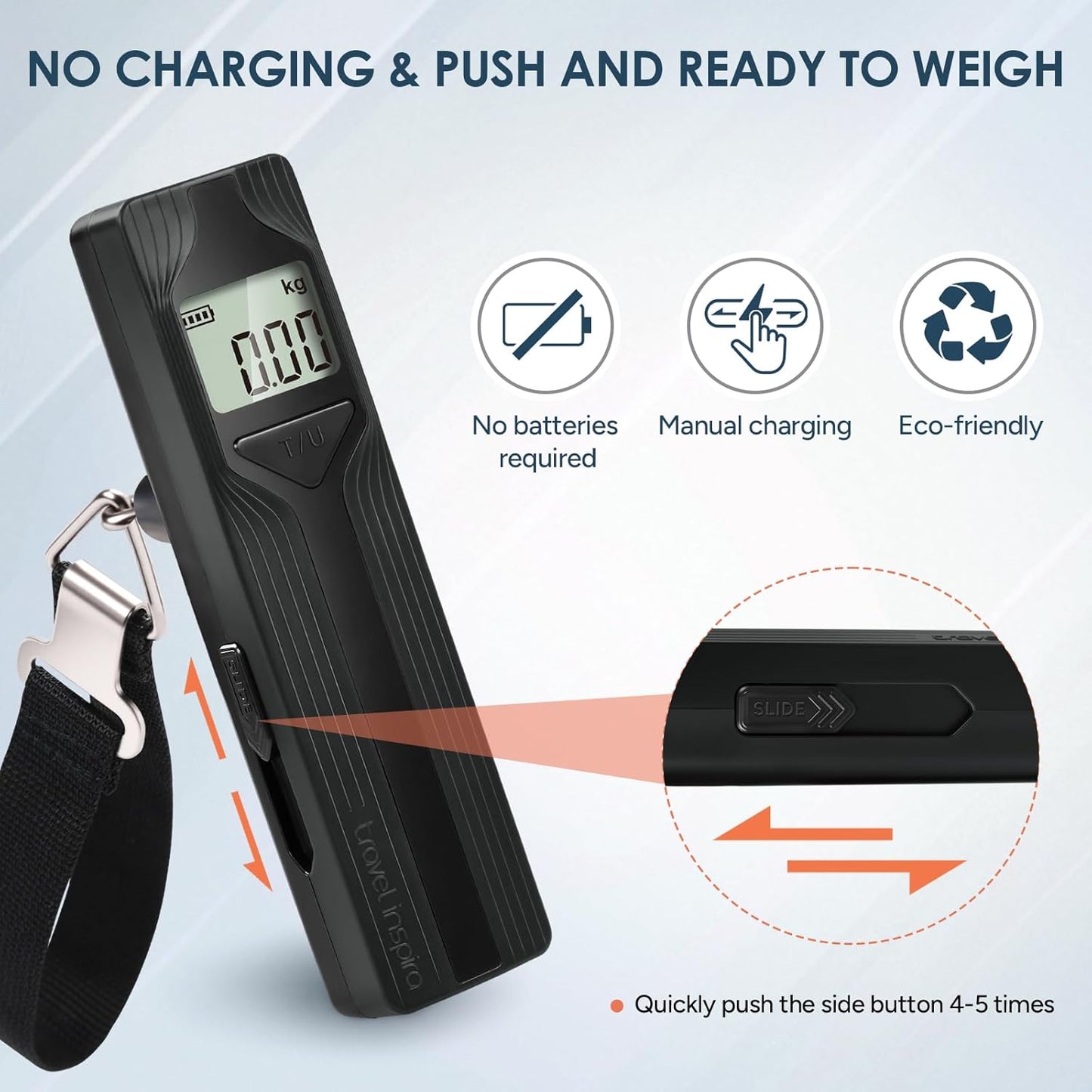 travel inspira Luggage Scale Battery-Free, Travel Essentials, Portable Handheld Digital Suitcase Weight Scale for for Travel Accessories, 110lbs/50kg (Gray)
