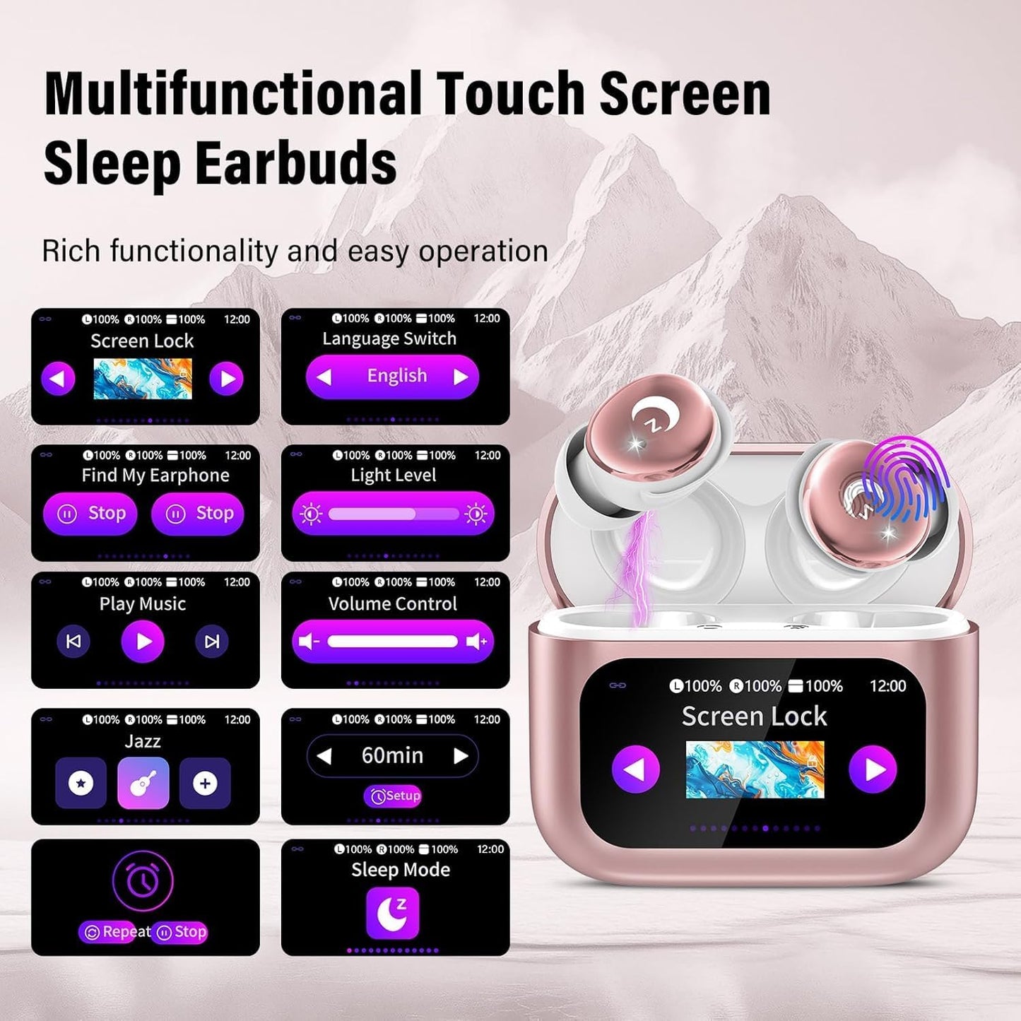 VEKJ Sleep Earbuds, Bluetooth 5.4 Mini Wireless Ear Euds with Multifunctional Touch Screen, 48H Bass Stereo Headphones with Sleep Mode/5 EQ Modes/ENC Noise Cancelling, IPX7 Earphones for iOS Android
