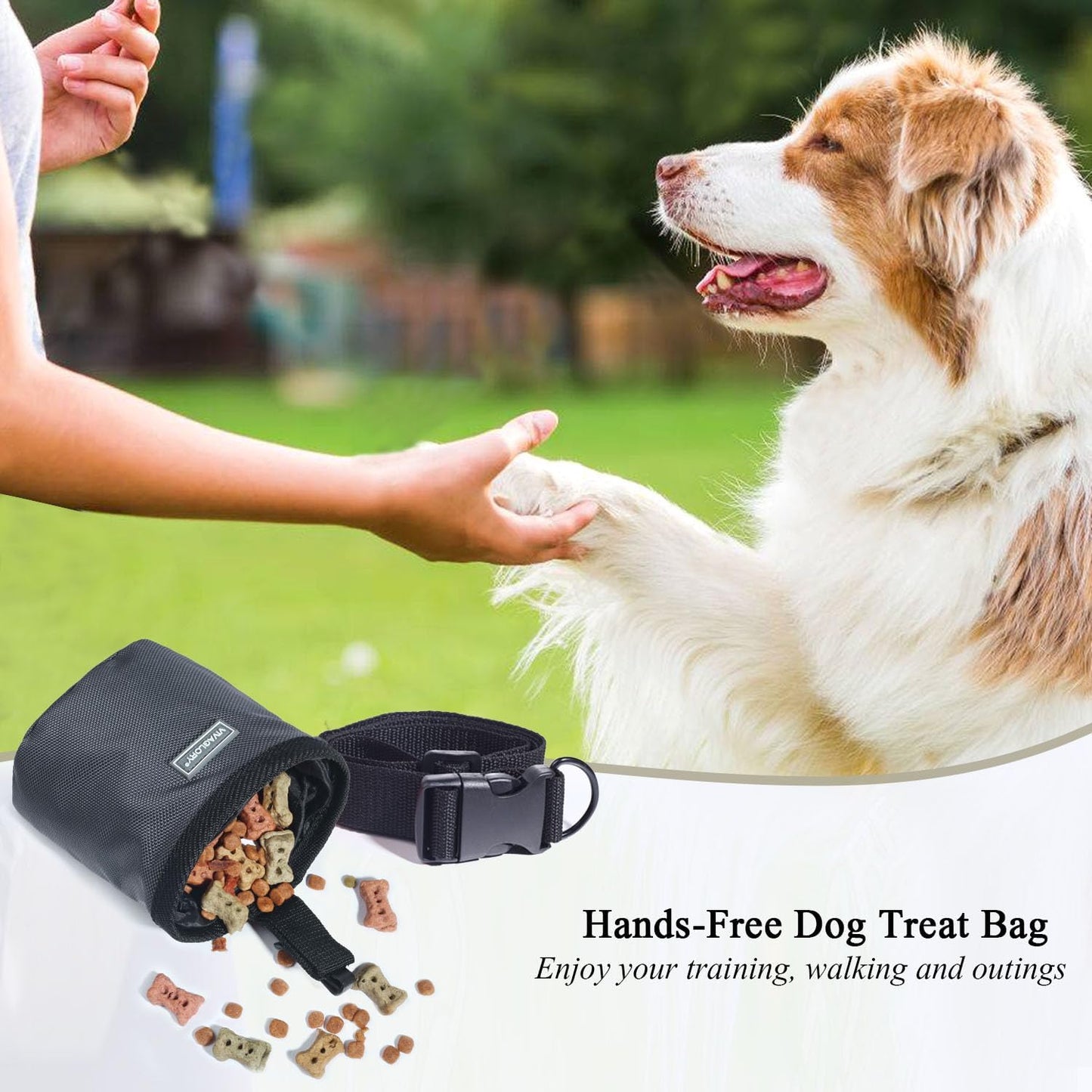 VIVAGLORY Dog Treat Bags, Puppy Pet Dog Training Treats Pouch Hands-Free 2 Ways to Wear with Adjustable Waistband and Built-in Dog Waste Bag Dispenser, Heather Black