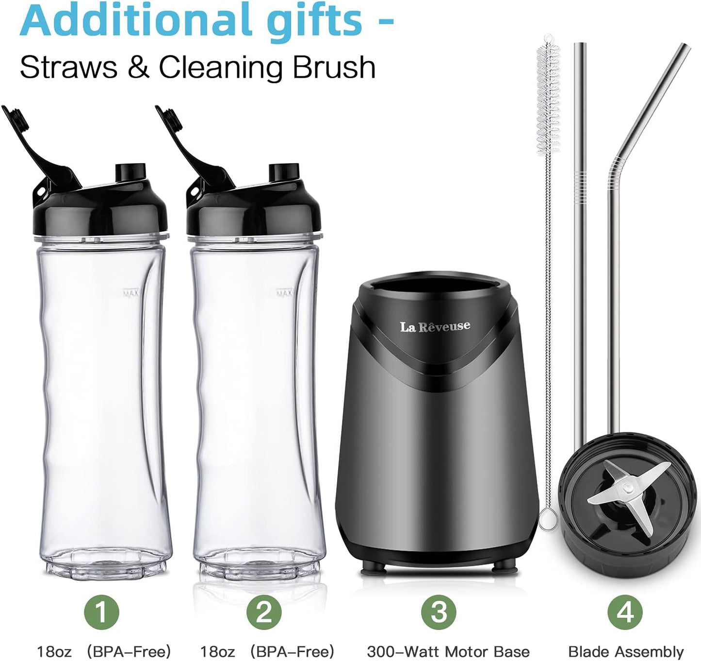La Reveuse Smoothies Blender Personal Size 300 Watts with 2 Pieces 18 oz BPA Free Portable Travel Sports Bottles (Silver 2 Cups)