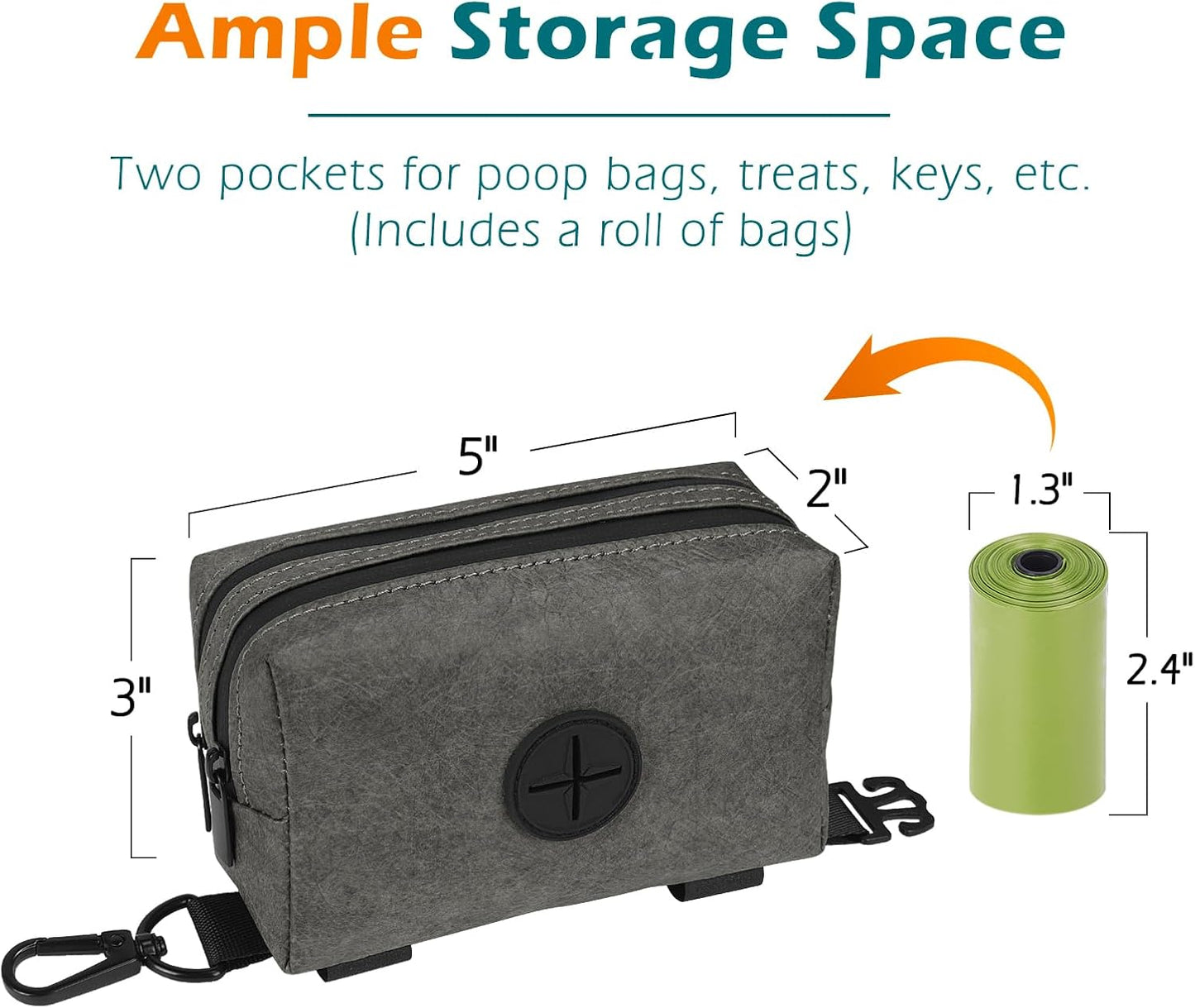 PetBonus Waterproof Dog Poop Bag Holder for leashes, Portable Pet Waste Bag Dispenser, 2 Pouches for Treat Holder and Walking Accessories, Fit All Leashes, Includes 1 Roll of Dog Poop Bags (Green)