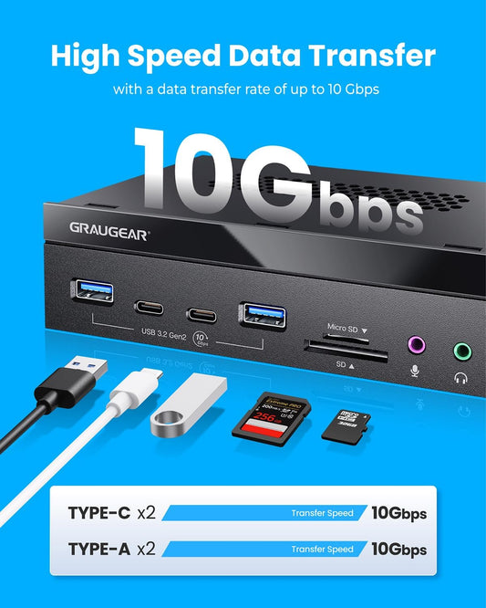 GRAUGEAR 5.25 Inch 10Gbps USB 3.2 PC Front Panel Card Reader with Audio Ports, SD/microSD Internal Card Reader, USB3.2 Type-E Key-A 20-Pin Header & USB3.0 Header & 15-Pin SATA Power Connector Required - PuriLite