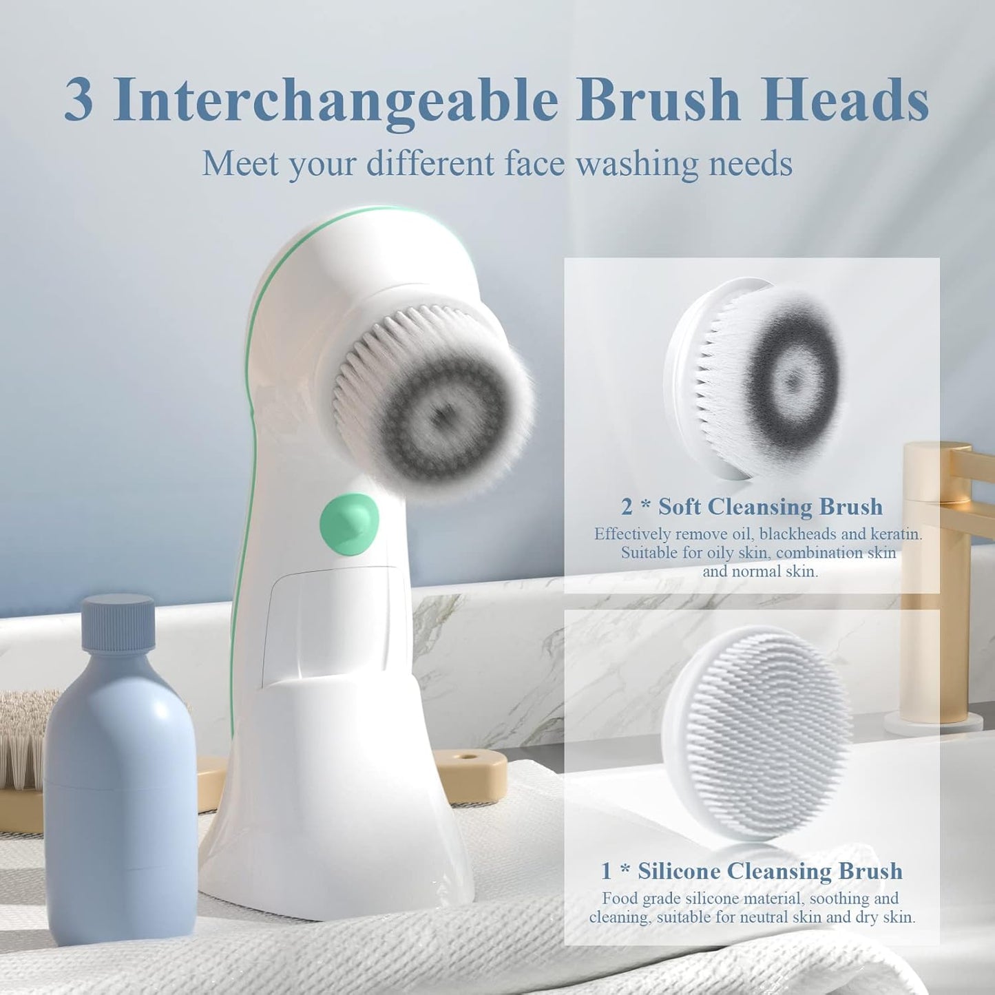 TOUCHBeauty Facial Cleansing Brush Electric, Face Cleansing Brush with Stand, 3 Brush Heads, 2 Speeds, IPX5 Waterproof, Battery-Powered, Suitable for All Skin Types, AG-0759D, White