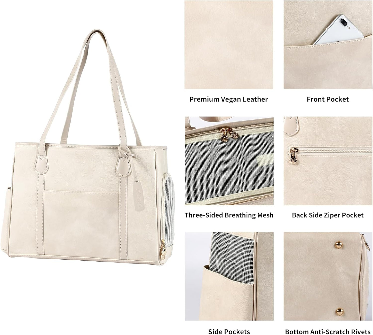 Monanller Stylish Dog Purse Carrier, Leather Pet Carrier Bag for Small Dogs Cats Puppy, Airline Approved Soft-Sided Carrier Beige