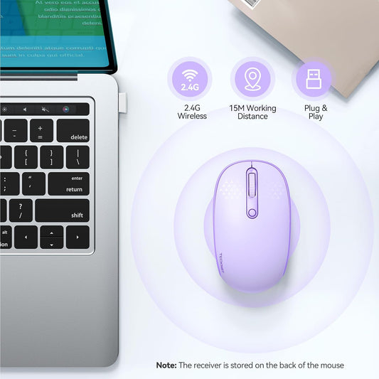 TECKNET 2.4GHz Wireless Quiet Mouse – Portable Ergonomic Optical USB Mouse 4-Button with Adjustable 800/1200/1600 DPI for Laptop, Chromebook, PC, Mac – Purple