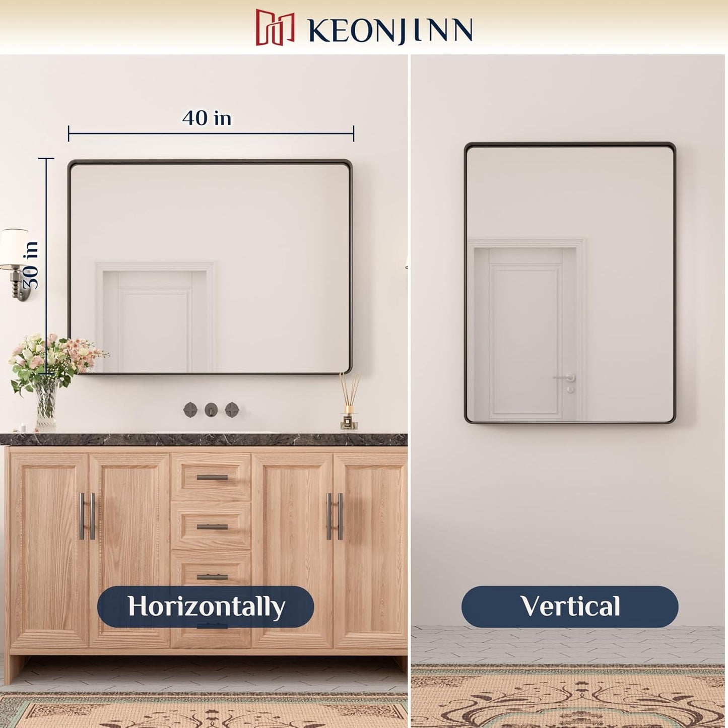 Keonjinn 42 x 36 Brushed Nickel Bathroom Vanity Mirror, Large Rounded Rectangle Bathroom Mirrors for over Sink, Metal Framed Silver Mirror for Wall, Shatterproof HD Tempered Glass(Horizontal/Vertical)