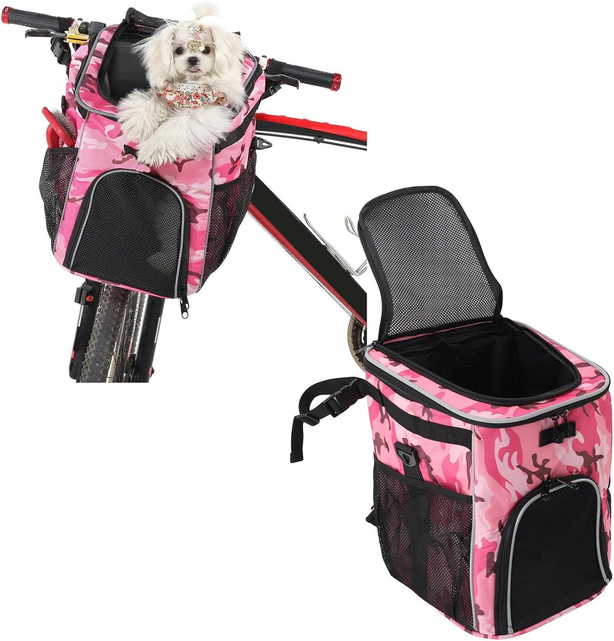 Dog Bike Basket, Waterproof Pet Bike Carrier, Removable Front Carrier Backpack with Side Pockets, Protable Pet Travel Bag for Outdoor, Road Trips, Dog Walking (Pink Camo)