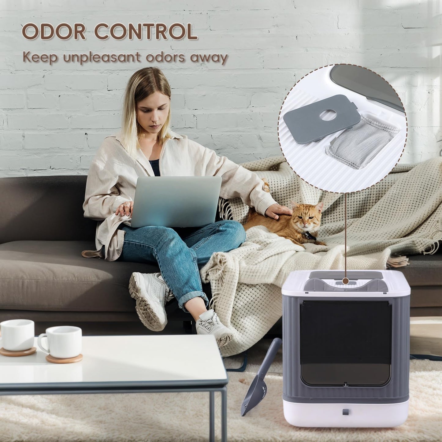 LCZLBRRD Fully Enclosed Cat Litter Box, Upgraded Covered Kitty Litter Boxes with Lid and Top Entry, Anti-Splashing Easy to Clean, 3 Modes Cat can Use from Kitten to Adult(White&Grey)