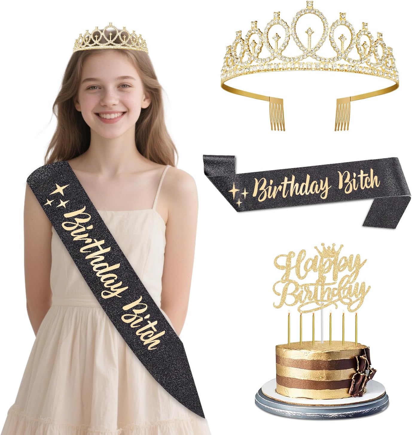 65th Birthday Decorations for Women, Including 65th Birthday Sash and Crown, Cake Topper and Candles, Number Balloons Rose Gold, 65 Year Old Gifts for Women