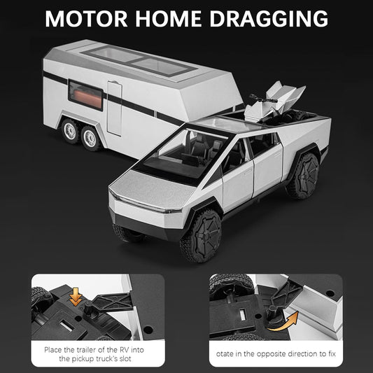 Cybertruck Diecast Toy Truck with RV & Motorcycle – 1:32 Metal Pickup Truck with Sound & Light, Pull-Back Action, Detachable Camper & Off-Road Motorcycle – Kids Vehicle Playset Age 6+