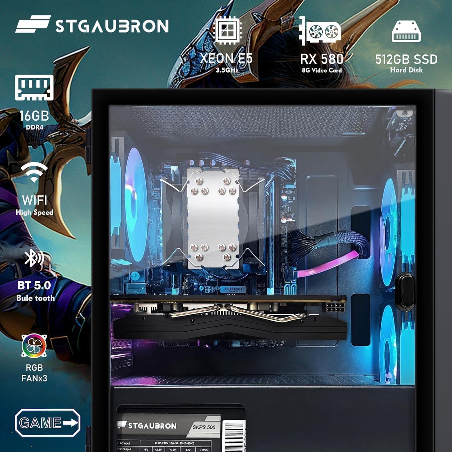 STGAubron Gaming PC Computer Desktop, GeForce RTX 2060 Super, Intel Core i7 8th up to 4.1GHz, 16G DDR4, 1T SSD, 600M WiFi, BT 5.0, RGB Fan x6, Windows 11 Home