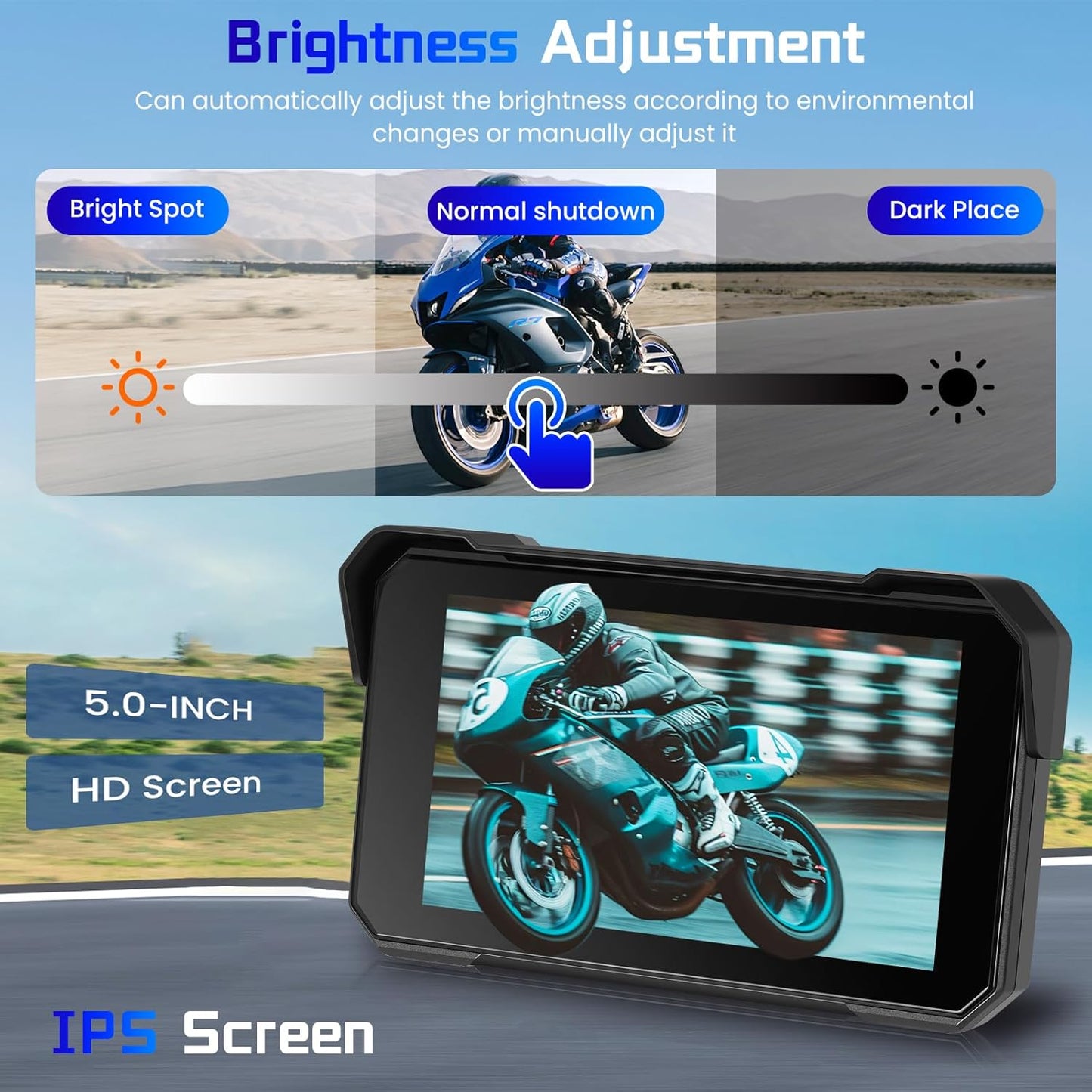 5 Inch Motorcycle CarPlay Screen - Wireless CarPlay/Android Auto/Mirror Link, IP68 Waterproof Touchscreen with Adjustable Mount, Bluetooth, Manual-Dimming HD Display for Motorcycles