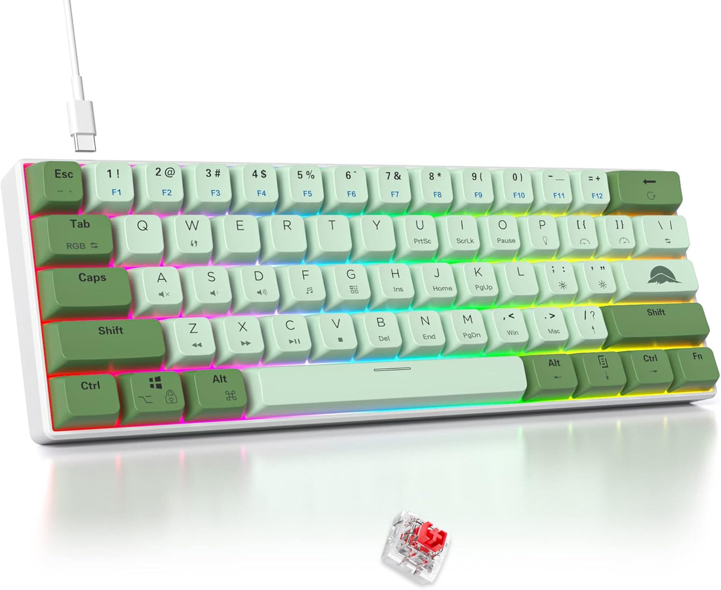 Fogruaden Full Size Mechanical Keyboard, Green Matcha Keyboard, Wired USB 104 Keys RGB Backlit Gaming Keyboard with Number Pad, Red Switches, NKRO Mechanical Keyboard for Windows Laptop PC Gamer