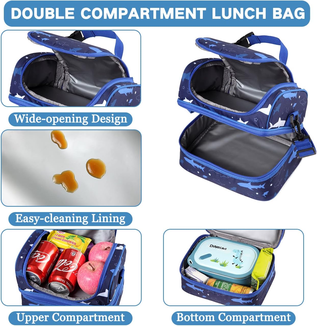 VASCHY Lunch Box Bag Men, Insulated Two Compartments Bento Cooler Bags for Adults/Women/Kids for School,Daycare,Kindergarten,Picnic Black