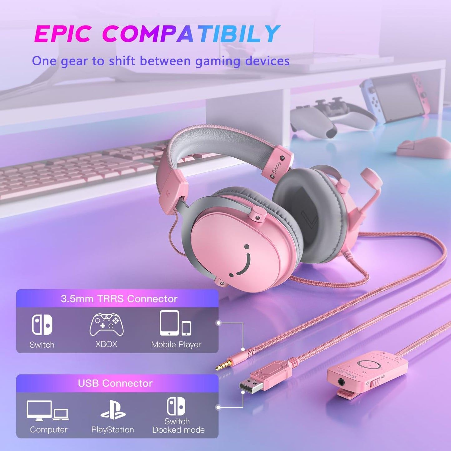 Fifine PC Gaming Headset with USB/3.5mm Jack for Laptop Computer, Over Ear Wired Headphones with 7.1 Surround Sound, Detachable Microphone, Volume Control, Noise Cancelling for PS5/Xbox/Switch-H9