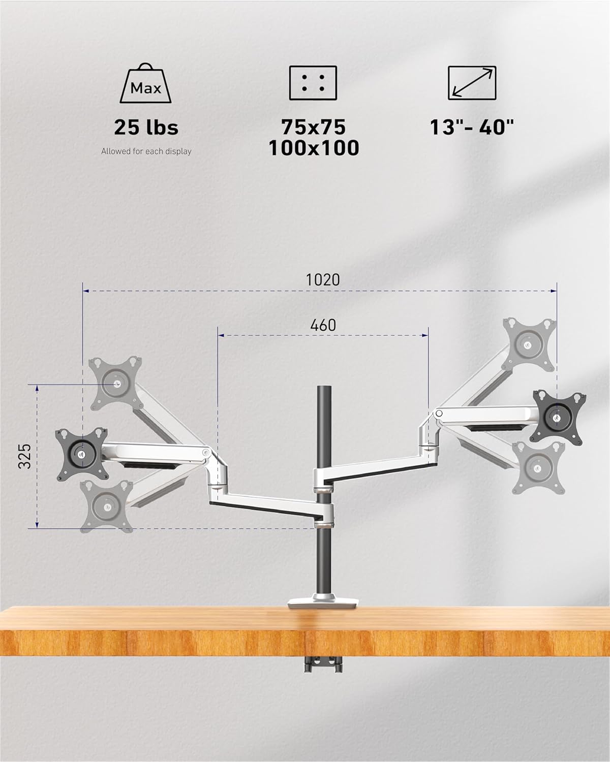 ErgoUnion Dual Monitor Stand for Desk, Vertical Dual Monitor Mount with Wide Range of Motion, Dual Monitor Arm for 17-40" Screen up to 25 lbs Each, Computer Monitor Stand for 2 Monitors - Black