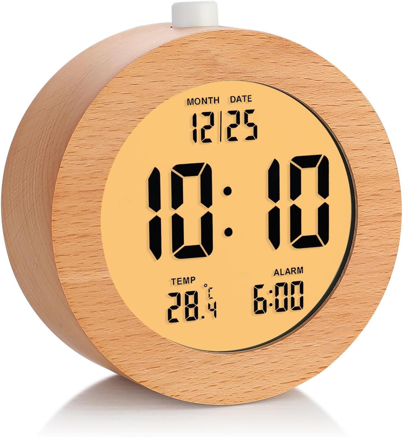 Plumeet Wooden Digital Alarm Clock for Bedrooms, Wood 4'' Battery Powered Alarm Clock with Snooze and Nightlight, Electronic LCD Desk Clock Display Time, Date, Temp, 12/24H, Wood Décor (Sapele, 3.2'')