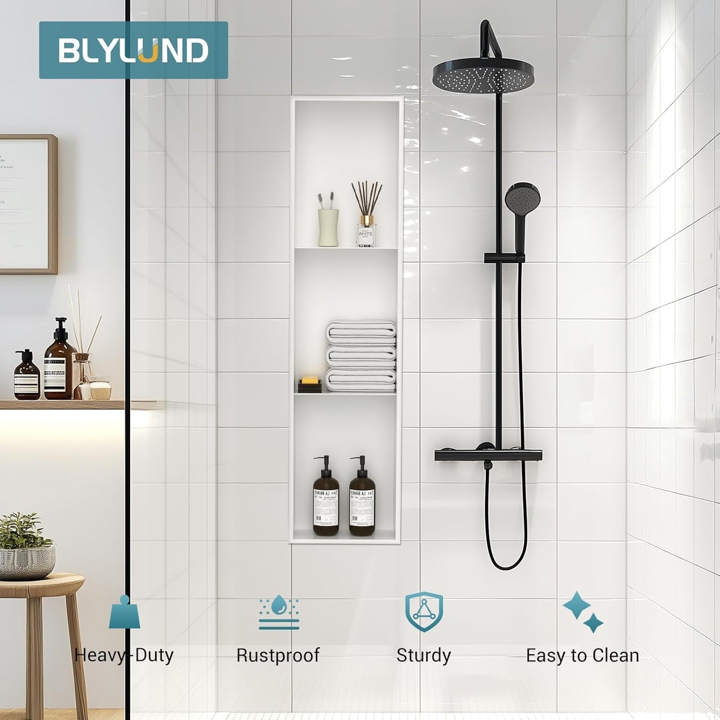 BLYLUND Shower Niche 12" x 24" NO Tile Needed,Matte Black Double Shelf Organizer, Square Corners Wall-Inserted Niche Recessed Shower Shelf Modern Soap Niche for Bathroom