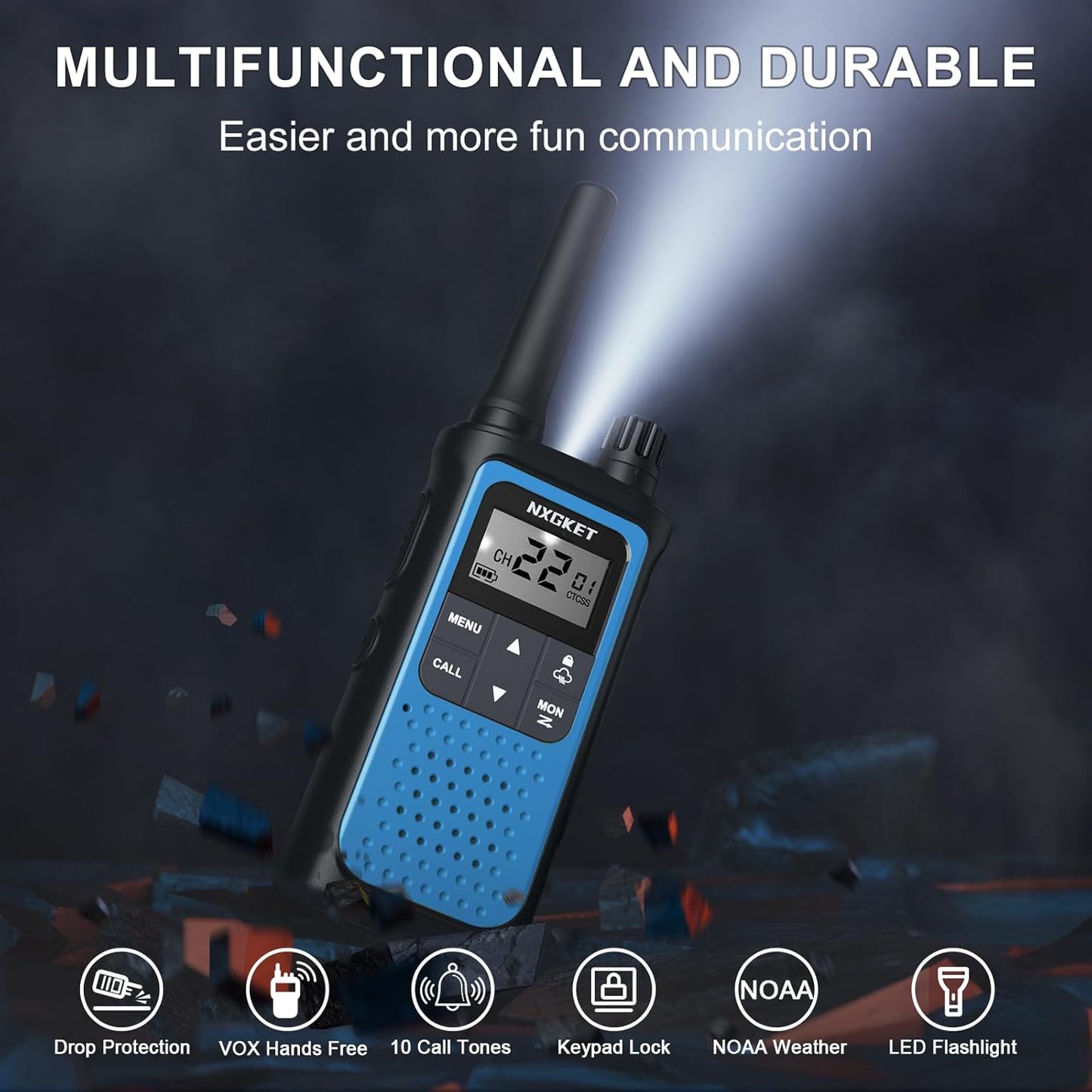 NXGKET Walkie Talkies Long Range for Adults Kids – Rechargeable Two Way Radio with 22 Ch, 1800mAh Battery, USB-C Charging, NOAA Weather, VOX, Flashlight – Great for Outdoor Camping & Hiking 4 Pack