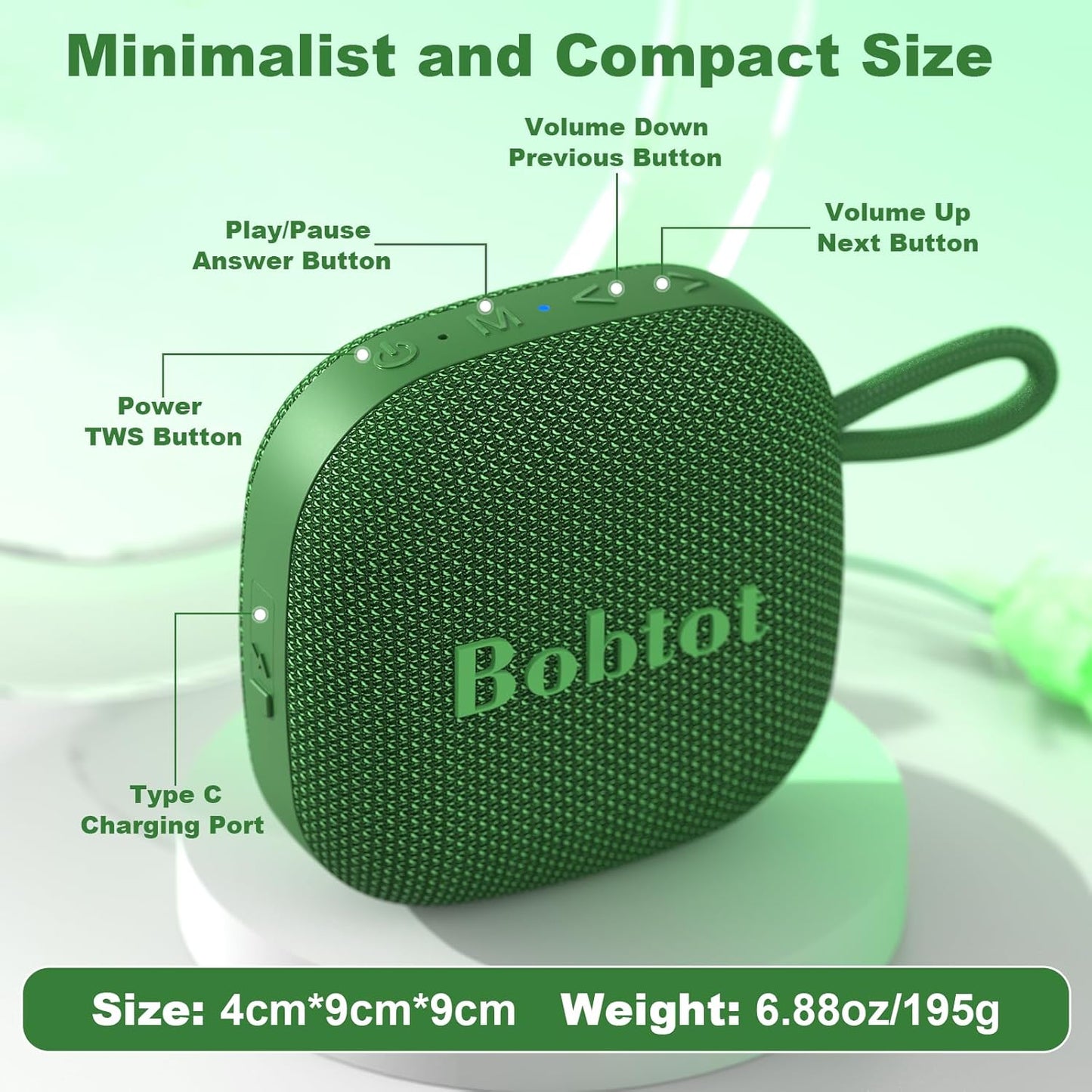 Bobtot Portable Bluetooth Speakers Wireless - IPX7 Waterproof Mini Shower Speaker with 16 Hours Playtime, Loud Stereo Sound, Rich Bass, TWS, Built-in Mic, Small Size for Travel Sport, Green