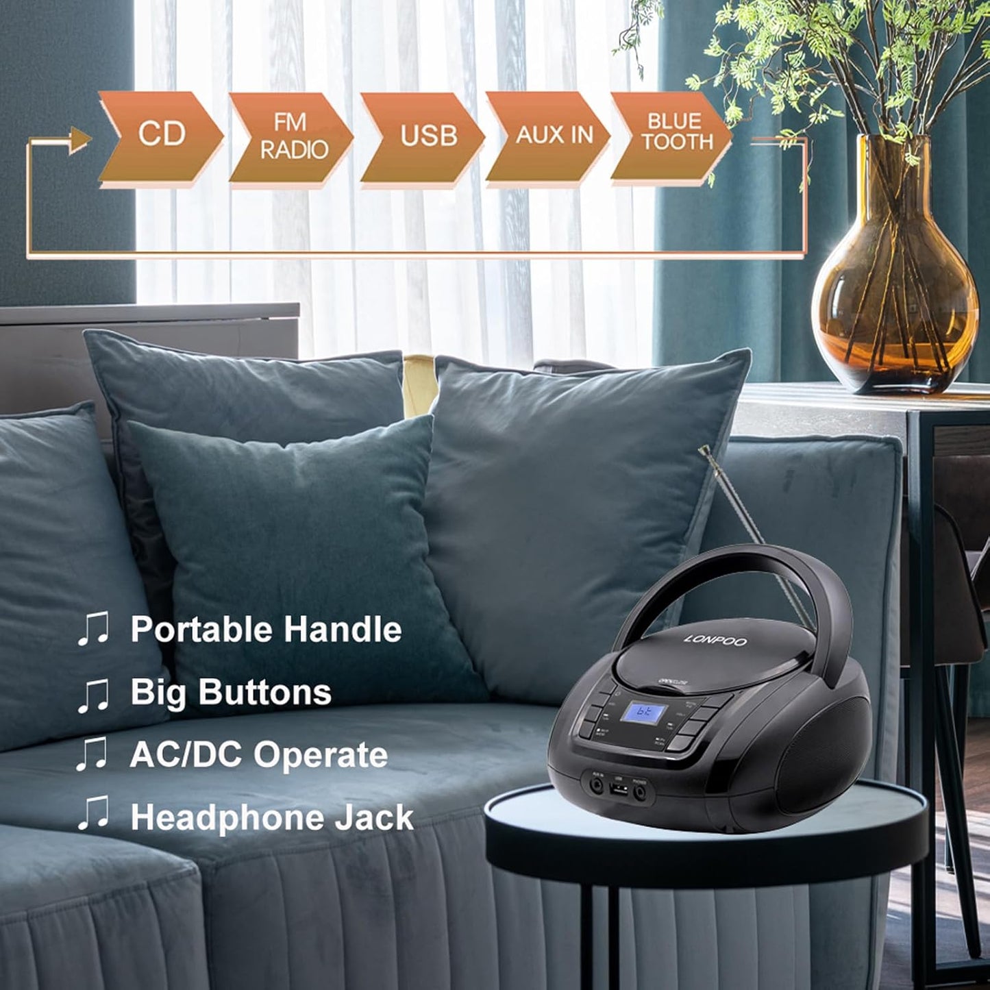 LONPOO Portable CD Player | Stereo Bluetooth Boombox | FM Radio Turn Knob | Auto Lid Open Button | Big LCD Display | Concealed Ports of USB/AUX/Earphone | Rear Power Protection Button (LP-D12)