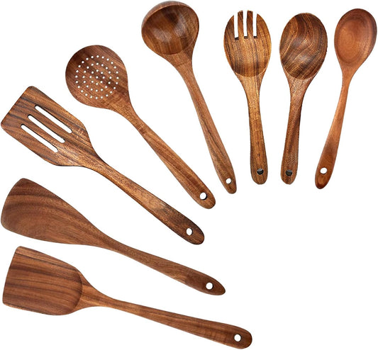Purilite Select – Natural Teak Wooden Cooking Utensils Set (8-Piece Spoons & Spatulas)