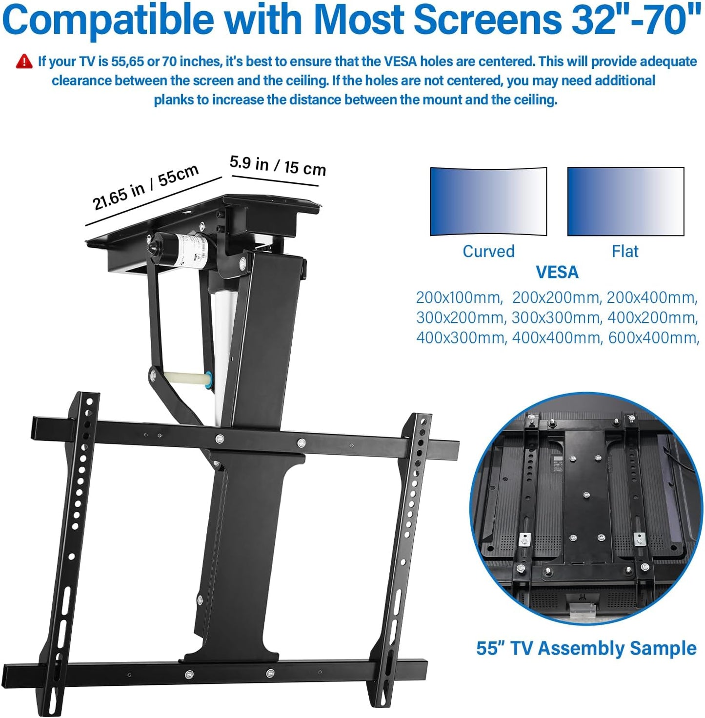 TOPSKY Electric Adjustable Ceiling TV Mount with Remote, Motorized Flip Down Pitched Roof TV Mount for 32 to 70 Inch Flat and Curved Screen TVs (Black)