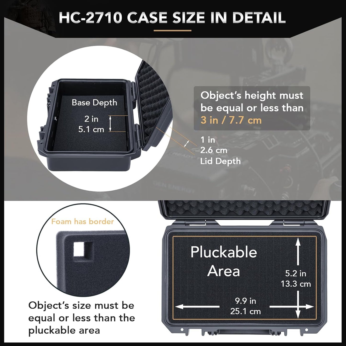 Lykus HC-2710 Portable Waterproof Hard Case with Foam, Camera Case with Customizable Fit Foam,Fit use of Drones,Camera, Equipments, Interior Size 27x16x8 cm