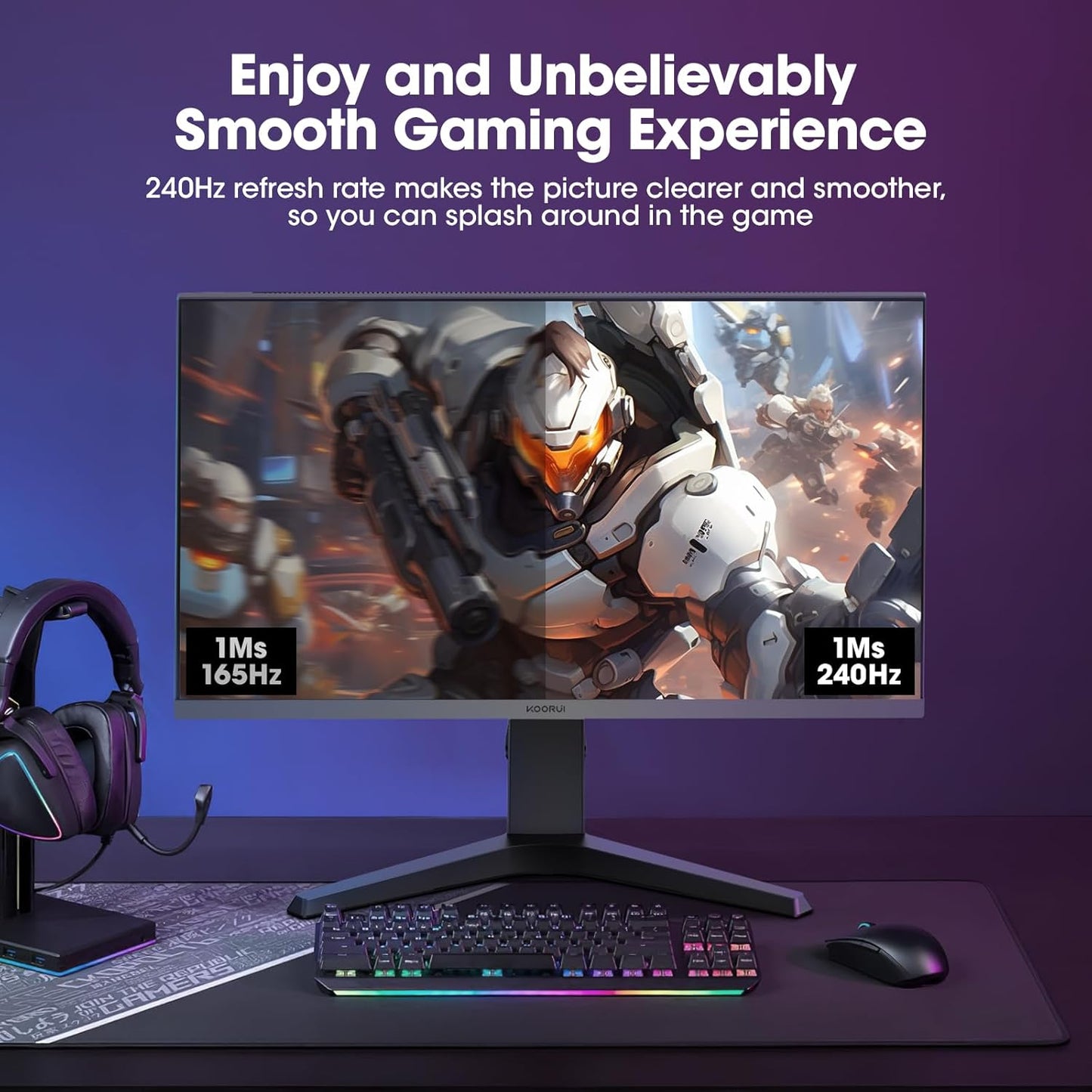 KOORUI Monitor 27 inch QHD 2K Fast IPS Gaming Monitor, 200Hz 1ms, HDR400,95% DCI-P3,Adaptive Sync,Tilt Pivot Swivel Vertical Height Adjustable,HDMI 2.0 &DP 1.4 Ports, G2722P, Black