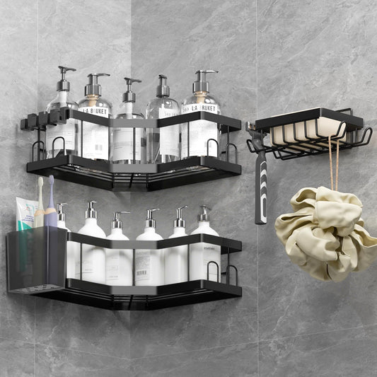 Shower Caddy, 4 Pack Black Bathroom Shelves, Adhesive Shelf Storage No Drilling, Carbon Steel Shower Organiser, Rust-Resistant Caddy Corner, Soap Holder, Bathroom Accessory