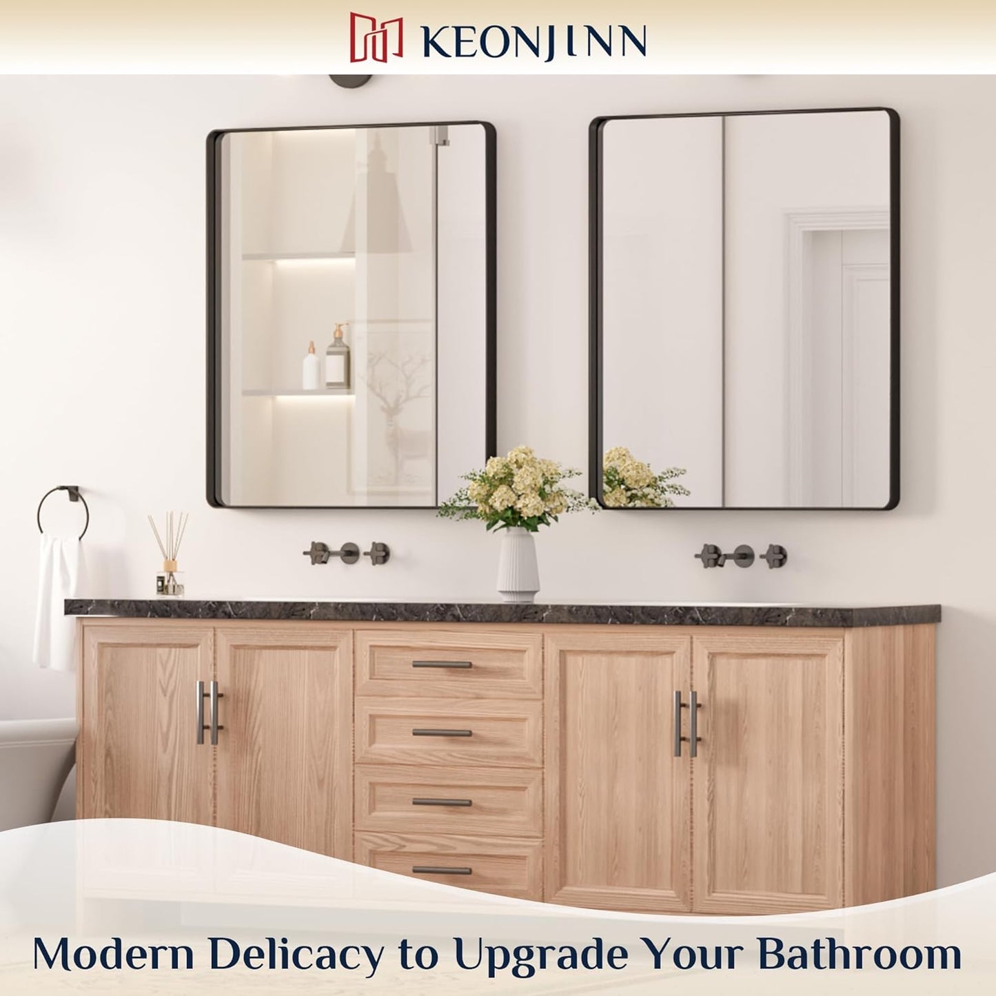 Keonjinn 42 x 36 Brushed Nickel Bathroom Vanity Mirror, Large Rounded Rectangle Bathroom Mirrors for over Sink, Metal Framed Silver Mirror for Wall, Shatterproof HD Tempered Glass(Horizontal/Vertical)
